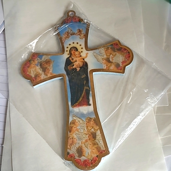 Vintage Other - Cross blue gold decor accent Mary faith Religious hang keep gift angel